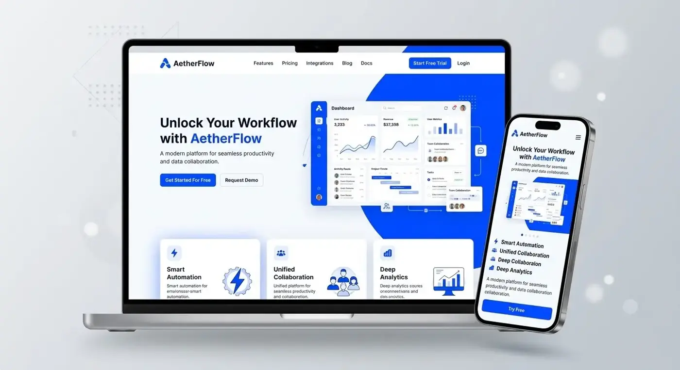 AetherFlow landing page concept design shown as a mockup