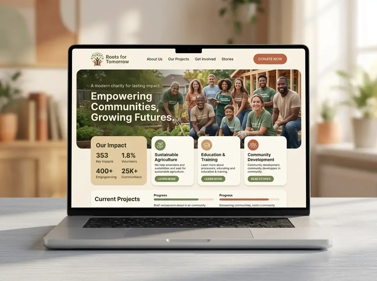 Roots for Tomorrow website concept design shown as a mockup